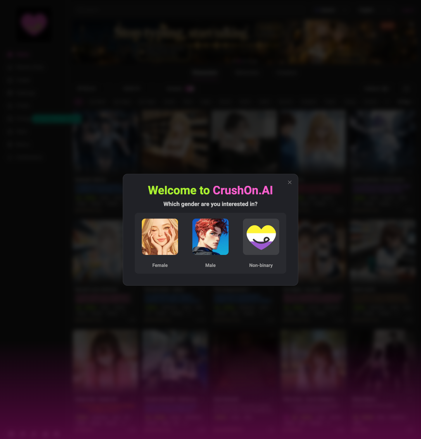 CrushOn AI homepage as captured in a browser frame, July 2026