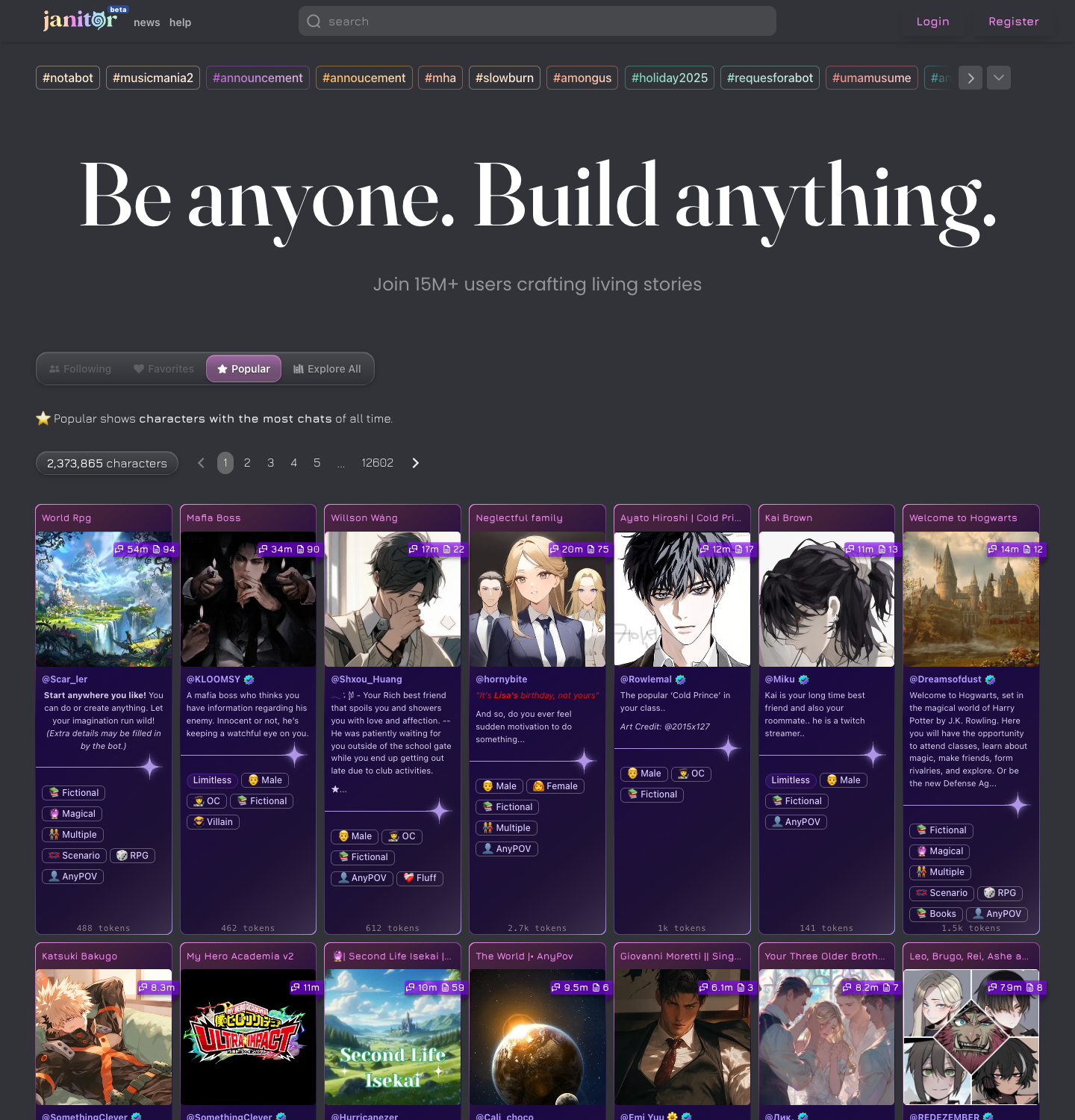 Janitor AI homepage as captured in a browser frame, July 2026